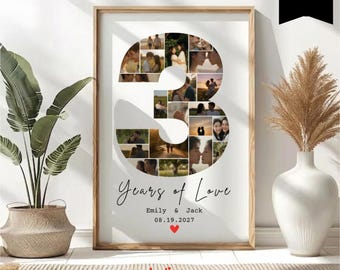 Custom Third Anniversary Photo Collage Template, 3 Year Anniversary, Number 3 Collage, Gift For Boyfriend, Canva Template, 105