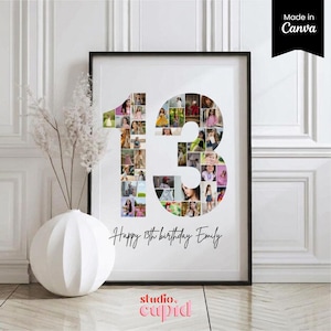May include: A framed photo collage print featuring the number 13 composed of multiple small individual photographs of a person. The text Happy 13th birthday Emily is printed in black script below the number. The print is displayed in a black frame.