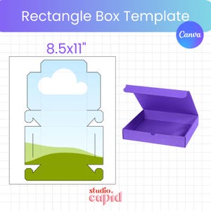 Puede incluir: Una plantilla de caja rectangular de 8,5x11 pulgadas con un gráfico de cielo azul y colinas verdes, junto a una caja de cartón morada con tapa abierta. El diseño incluye líneas de plegado discontinuas y recortes sobre un fondo de cuadrícula.