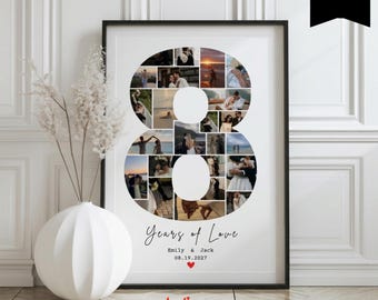 Custom 8th Anniversary Photo Collage Template, Eighth Year Anniversary, Number 8 Collage, Gift For Boyfriend, Canva Template, 132