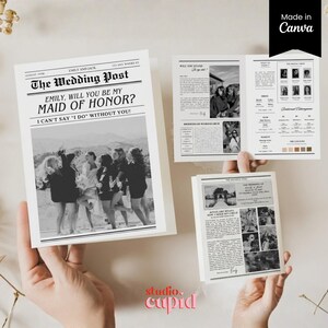 May include: A newspaper-style wedding proposal card titled The Wedding Post with the text Emily, Will You Be My Maid of Honour? I Can't Say I Do Without You! The card features a black and white photograph of a group of people and additional pages.