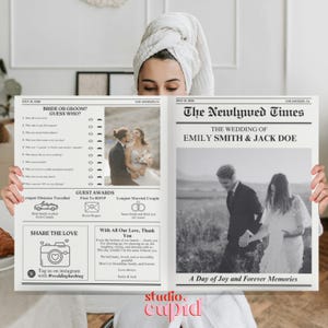Programma bruiloftskrant, aangepaste krantsjabloon, pasgetrouwde krant, tijdlijn trouwdag, trouwschema, ceremonieprogramma