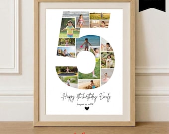 5th Birthday Photo Collage Template, Personalized Fifth Birthday Gift for Boy or Girl, Editable 5th Birthday Photo Poster Template, 114