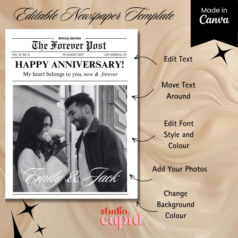May include: A black and white newspaper-style anniversary template. The headline reads "HAPPY ANNIVERSARY!" with the text "My heart belongs to you, now & forever." A photo of a couple is featured. The template includes editing options.