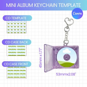 May include: A mini album keychain template featuring a purple CD case with a heart-shaped ring. The image displays CD, CD case back, and CD case front templates. Dimensions are labeled as 45mm x 1.77 inches and 53mm x 2.08 inches.