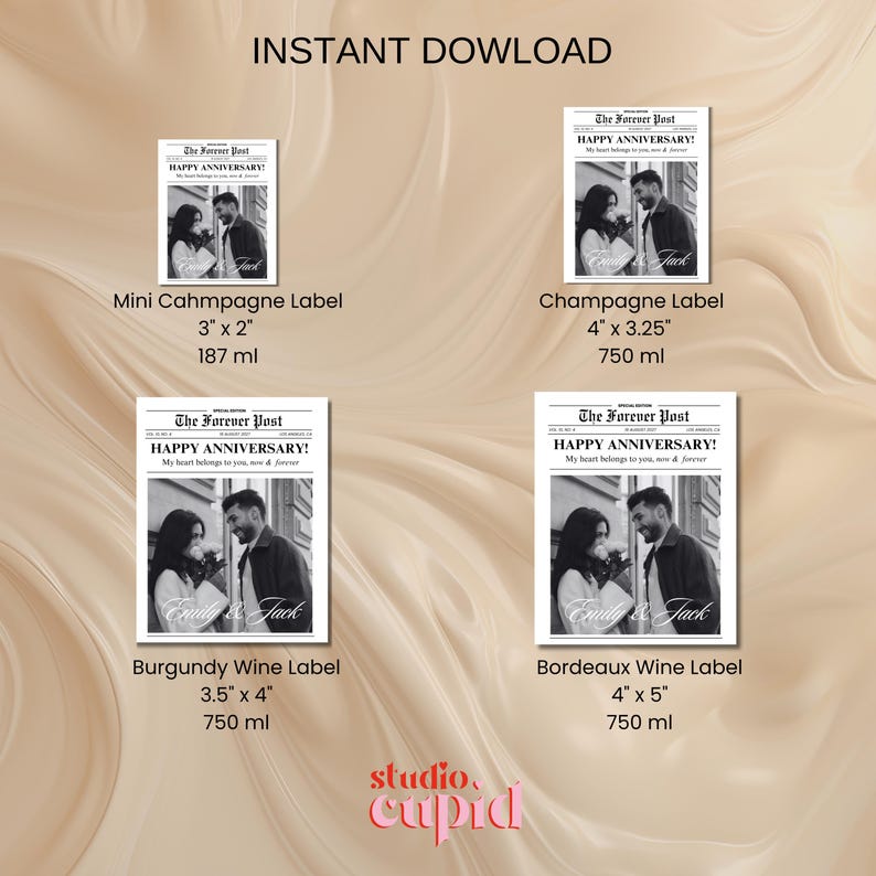 May include: Four labels with a newspaper design, each featuring a black and white photo of a couple and the text "HAPPY ANNIVERSARY!". Labels include sizes for mini champagne, champagne, burgundy wine, and bordeaux wine.