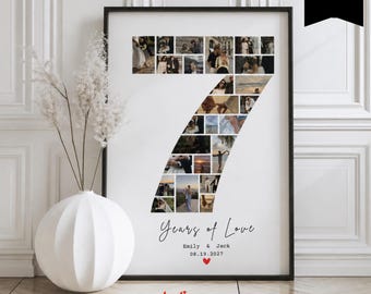 Custom 7th Anniversary Photo Collage Template, Seventh Year Anniversary, Number 7 Collage, Gift For Boyfriend, Canva Template, 129