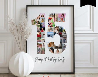 May include: A framed photo collage print shaped like the number 15, featuring various candid images of a person. The text Happy 15th birthday Emily is printed in black script below the collage. The print is displayed in a black frame.