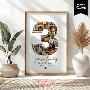 May include: A vertical rectangular framed wall art print featuring a photo collage arranged in the shape of the number three. Below the collage, the text reads years and counting, Emily & Jack, 08.19.2027, with a small black heart icon.