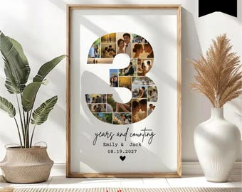 Custom 3 Year Anniversary Photo Collage Template, Third Anniversary, Number 3 Collage, Gift For Boyfriend, Canva Template, 104