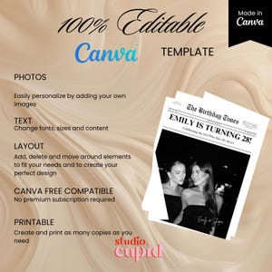 May include: A digital template advertisement with the text "100% Editable Canva Template." The design includes a newspaper-style birthday announcement with the headline "EMILY IS TURNING 28!" and the words "Made in Canva."