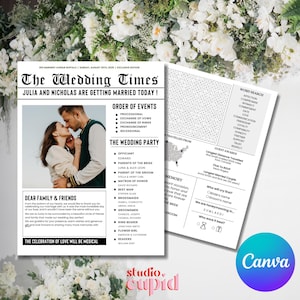 May include: A black and white newspaper style wedding announcement with a photo of the couple, a list of wedding party members, and a wedding ceremony schedule. The headline reads "The Wedding Times" and "Julia and Nicholas are getting married today!"