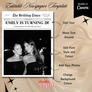 May include: A black and white newspaper template with the headline "EMILY IS TURNING 28!" and a photo of two women. The template includes text that says "Editable Newspaper Template" and "Made in Canva". The template also has instructions to edit text, move text, edit font style and color, add photos, and change background color.