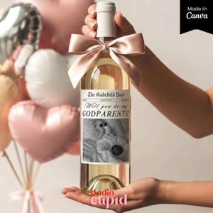 Anpassad vinetikett för gudföräldrar, frierikort för gudföräldrar, mall för vinetikett, minichampagne, presentask, redigerbar vinetikett, 026