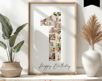 First Birthday Photo Collage Template, Number 1 Poster , Editable Milestone Keepsake, Modern First Birthday Poster, 098