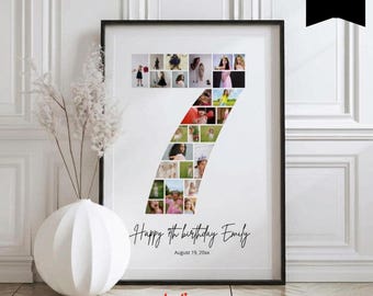 7th Birthday Photo Collage Template,  Number 7 Poster , Editable Milestone Keepsake, Seventh Birthday Photo Milestone Sign, 128