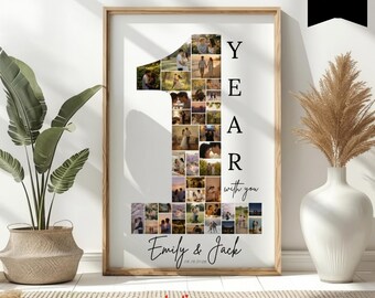 1st Anniversary Photo collage Template, 1 Year Gift For Boyfriend, Canva Template, Custom Number 1 Poster, 099