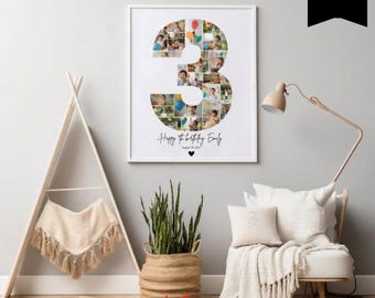 3rd Birthday Photo Collage Template, Number 3 Collage, Second Birthday Photo Milestone Sign, Canva Template, 103