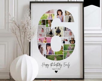 6th Birthday Photo Collage Template, Number 6 Collage, Sixth Birthday Photo Milestone Sign, Canva Template, 126