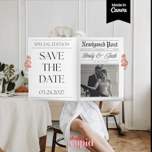 Krant trouwprogramma, uitnodigingssjabloon, tijden voor pasgetrouwden, gevouwen aangepaste krant, ceremonieprogramma, bewaar deze datum