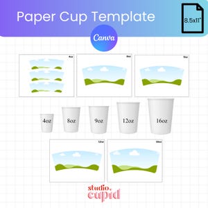 May include: A digital paper cup template sheet measuring 8.5x11 inches, featuring various cup sizes from 4oz to 16oz. The design includes flat layouts with a blue sky and green hill graphic, alongside corresponding white paper cup illustrations.