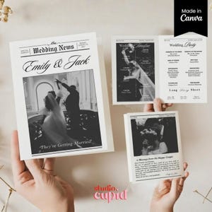 May include: A black and white wedding program set designed like a newspaper titled The Wedding News, featuring a photo of a couple dancing, a wedding timeline, a bridal party list, and a thank you note from the couple named Emily and Jack.