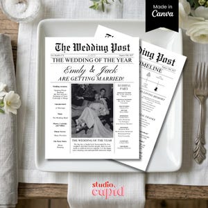 May include: A black and white wedding newspaper titled "The Wedding Post" with the headline "Emily & Jack are getting married!" The newspaper includes a wedding photo, timeline, and wedding party details. The design is on a white square plate.