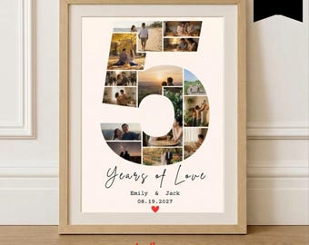 Custom 5th Anniversary Photo Collage Template,  Couple Anniversary, Number 5 Collage, Gift For Boyfriend, Canva Template, 115