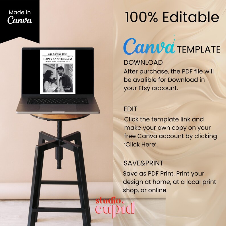 May include: A laptop displaying a black and white anniversary newspaper template, with the text "The Forever Best HAPPY ANNIVERSARY!". The laptop sits on a black stool. Text on the right side says "100% Editable Canva TEMPLATE".
