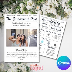 以下が含まれることがあります： 「The Bridesmaid Post」という見出しと「The big day is coming: Will You Be With Me?」というテキストが書かれた新聞スタイルの結婚式招待状。招待状には、2人の女性がセルフィーを撮っている写真が掲載されています。招待状の下部には「Dear Olivia」というテキストが書かれています。