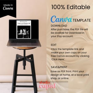 May include: A laptop displaying a black and white Canva template for a birthday newspaper design. The text reads "EMILY IS TURNING 20". The laptop sits on a black stool. The image also includes text that says "100% Editable Canva TEMPLATE".