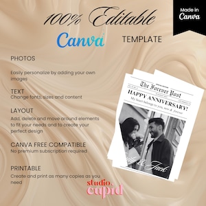 May include: A Canva template with the text "100% Editable" and "Canva Template." The design includes a newspaper-style anniversary announcement with a black and white photo of a couple. The text reads "Happy Anniversary!" and "My heart belongs to you, now & forever."