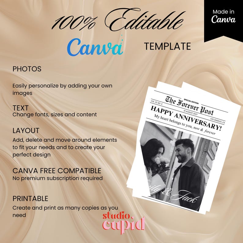 May include: A Canva template with the text "100% Editable" and "Canva Template." The design includes a newspaper-style anniversary announcement with a black and white photo of a couple. The text reads "Happy Anniversary!" and "My heart belongs to you, now & forever."