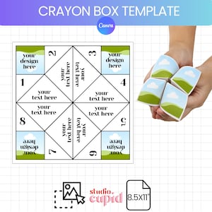 May include: A paper fortune teller template featuring a grid with numbers one through eight, text placeholders reading your design here and your text here, and a folded version displaying a green hill and blue sky graphic on 8.5x11 inch paper.