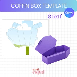 May include: A coffin box template on an 8.5x11 inch sheet featuring a light blue sky and green grass design, alongside a fully assembled solid purple coffin-shaped box. The text reads COFFIN BOX TEMPLATE, 8.5x11, Canva, and studio cupid.