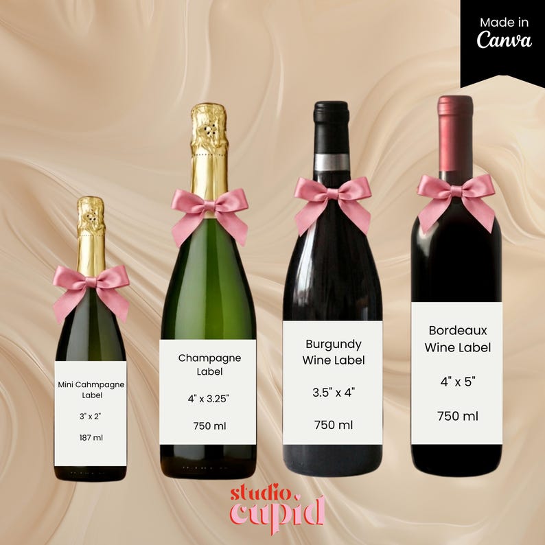 May include: Four bottles of wine and champagne with pink bows. The bottles have labels that read "Mini Cahmpagne Label", "Champagne Label", "Burgundy Wine Label", and "Bordeaux Wine Label". The bottles are labeled with measurements and volume.