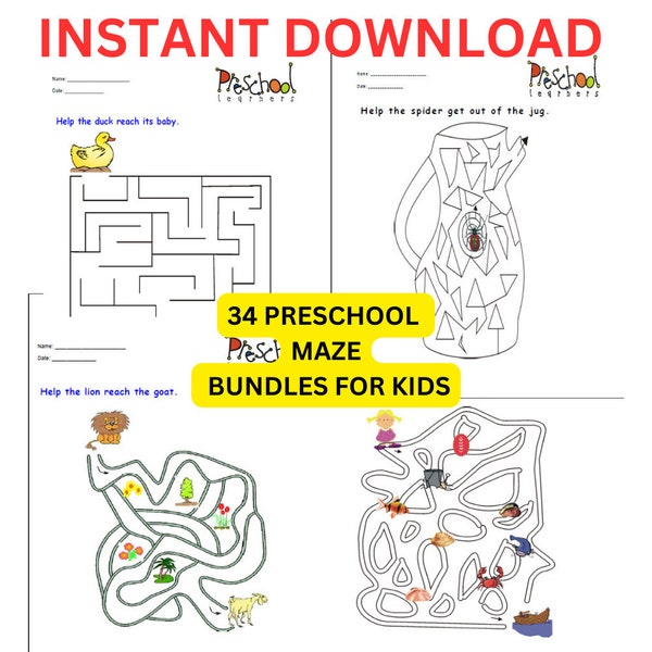 34 Fun and Educational Preschool Maze Game Bundle - Colorful, Child-Friendly Labyrinth Puzzle for Early Learning Development. Volume 1