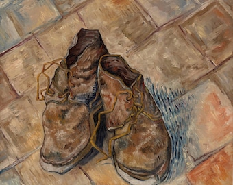 一足の靴 - ヴィンセント・ヴァン・ゴッホの手描きの油絵の複製、古い