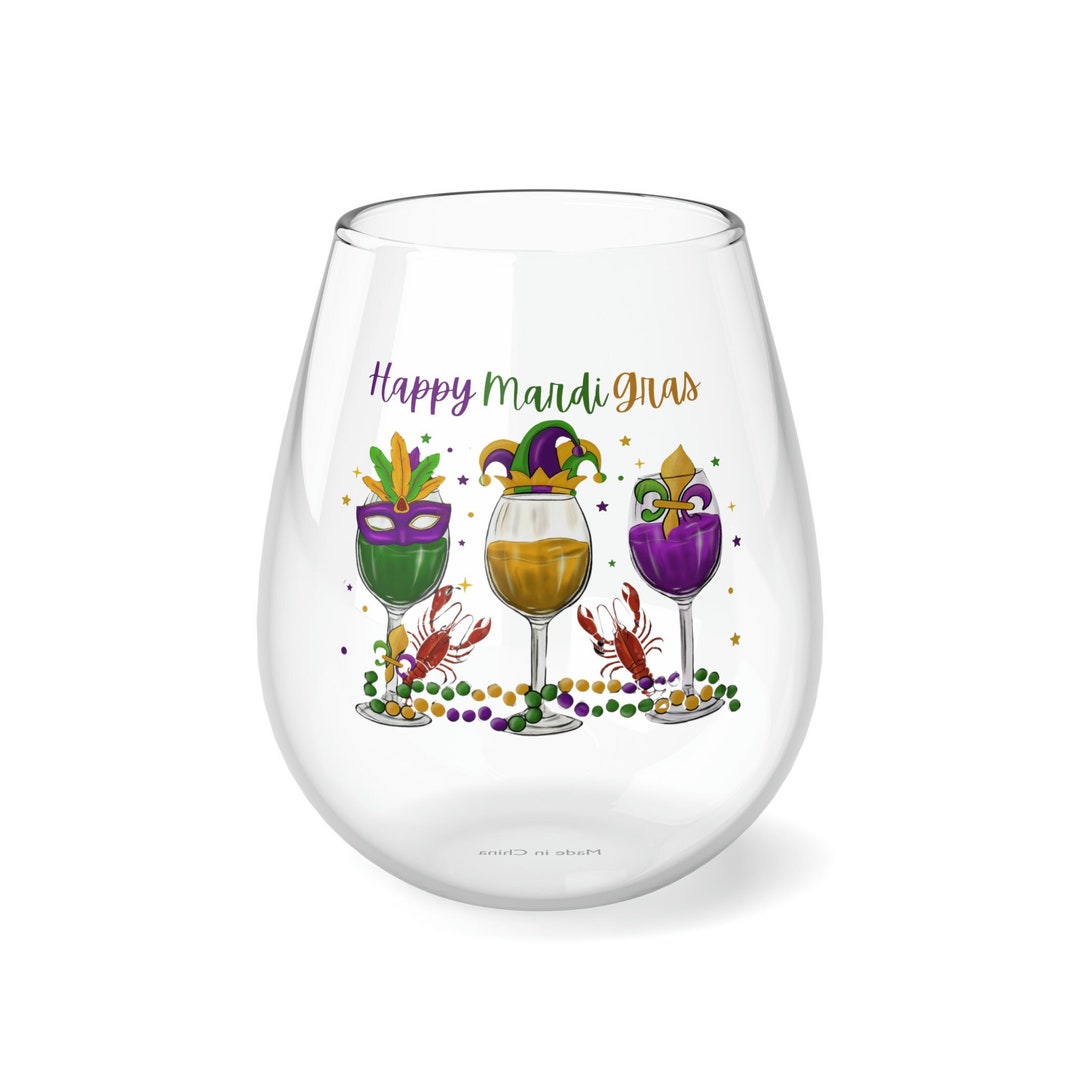 mardi gras stemless wine glasses