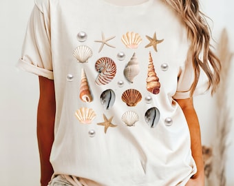 Vintage Seashells Camiseta colores cómodos algodón cottagecore Camisa estética camiseta náutica océano, camisa de surf costera de gran tamaño, vida marina, océano