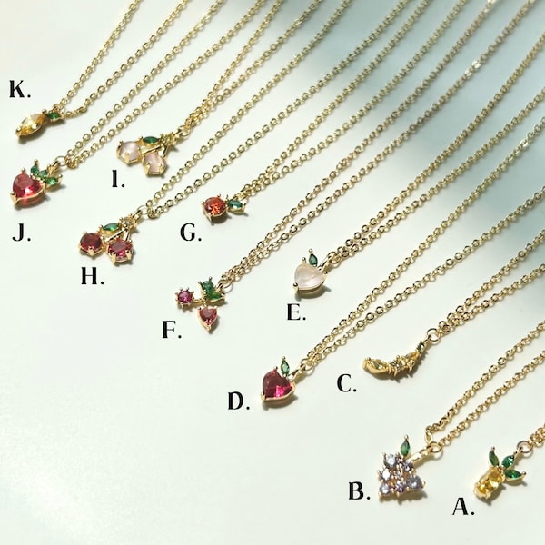 Joli collier de fruits, bijoux de fruits faits main, collier nourriture, collier fraise framboise raisin pêche orange, collier plaqué or