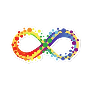 May include: A rainbow infinity symbol with a dotted pattern. The symbol is made up of red, orange, yellow, green, blue, and purple.