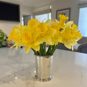 Può includere: Un bouquet di narcisi giallo brillante in un vaso d'argento. I fiori hanno petali increspati e steli verdi. Il vaso è cilindrico con un bordo perlato e poggia su un piano di lavoro bianco.