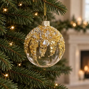 Peut inclure: Une boule de Noël sphérique en verre transparent ornée sur sa partie supérieure de paillettes dorées, de sequins métalliques dorés et de petites perles argentées qui descendent en cascade. Elle possède un capuchon et une attache dorés.