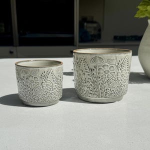 Peut inclure: Deux pots de fleurs en céramique grise avec des motifs floraux en relief. Le plus petit pot est à gauche d'un plus grand. Les deux ont un bord marron clair et une surface texturée. Les pots sont sur une surface gris clair.