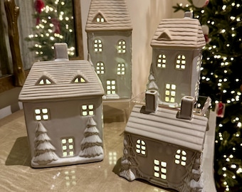 Ceramic Christmas House with Trees and LED Lights - Light Up Holiday Ornament