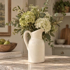 Handmade Cream Ceramic Jug Vase 23cm | Rustic Farmhouse Flower Pitcher | Crackle Glaze Decorative Vase