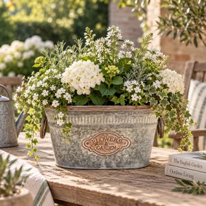 Garten Pflanztopf aus verzinktem Metall - 33 cm großer rustikaler Outdoor Übertopf für Kräuter, Blumenzwiebeln & Blumen