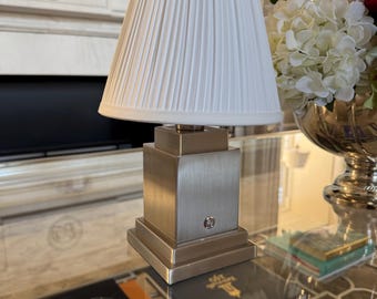 Rechargeable Table Lamp – Brushed Gold & Steel Grey, Cordless LED Tableside Light, Portable Lamp
