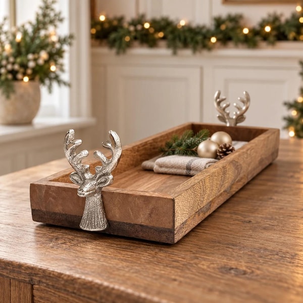 Wooden Christmas Tray with Stag Head Handles, Luxury Festive Display, 34cm